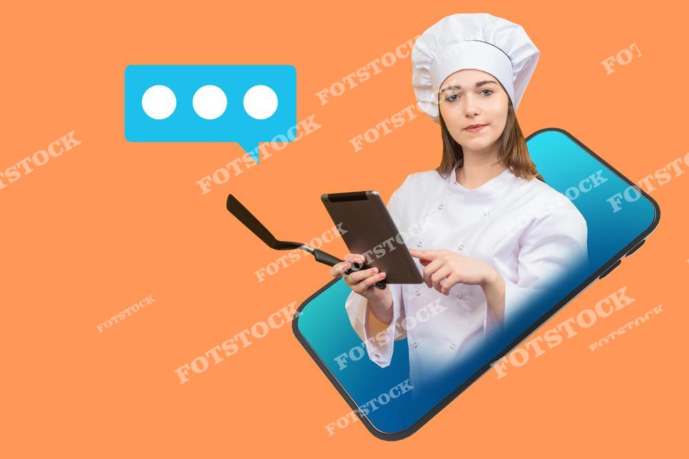 Коллаж, изображающий шеф-повара, которая выходит из экрана смартфона. Графический элемент символизирует общение через приложение. Снимок передает современный подход к доставке еды, объединяя профессионализм и цифровые технологии.